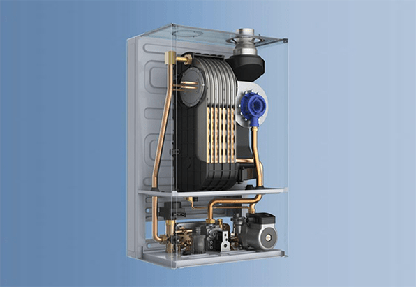 inner structure of a fully premixed wall hung condensing boiler